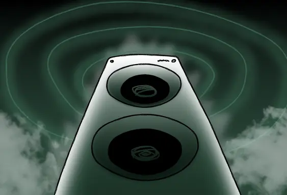 A huge, intimidating speaker blares its loud noise in to the sky