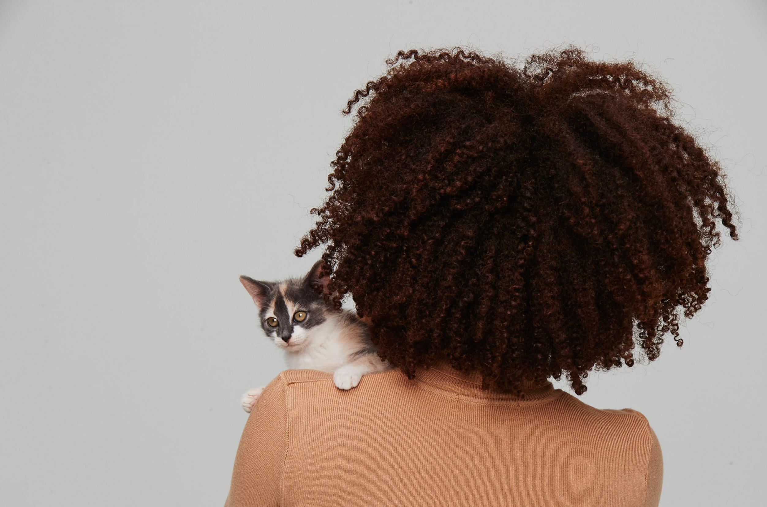 Woman holding a kitten over her shoulder