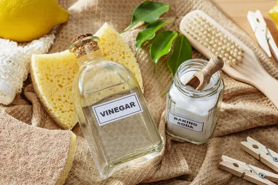 Image of a bottle of white vinegar and a tub of baking soda