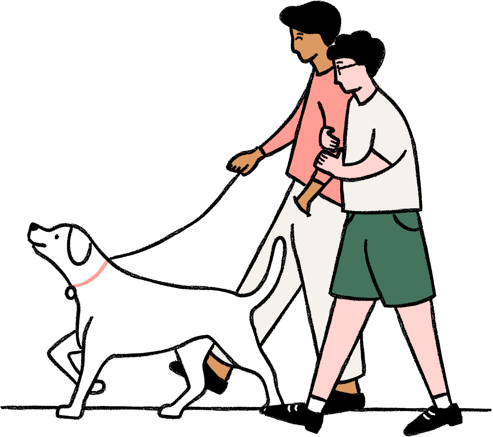 A cartoon illustration of a couple walking a dog