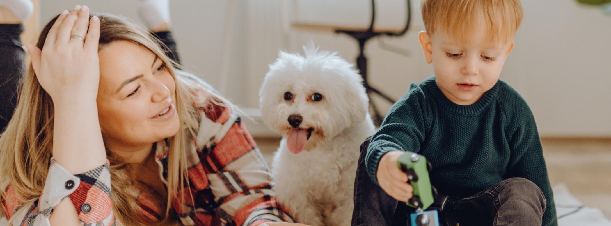 A woman, a toddler, and a small white dog playing with a toy train on a patterned rug.
