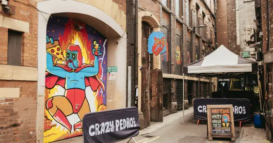 Exterior of Crazy Pedro's, a pizza place in Manchester