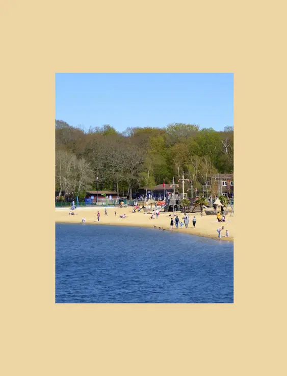 Scenic view of Ruislip Lido's sandy beach and playground bustling with families enjoying a sunny day by the water, surrounded by a leafy forest