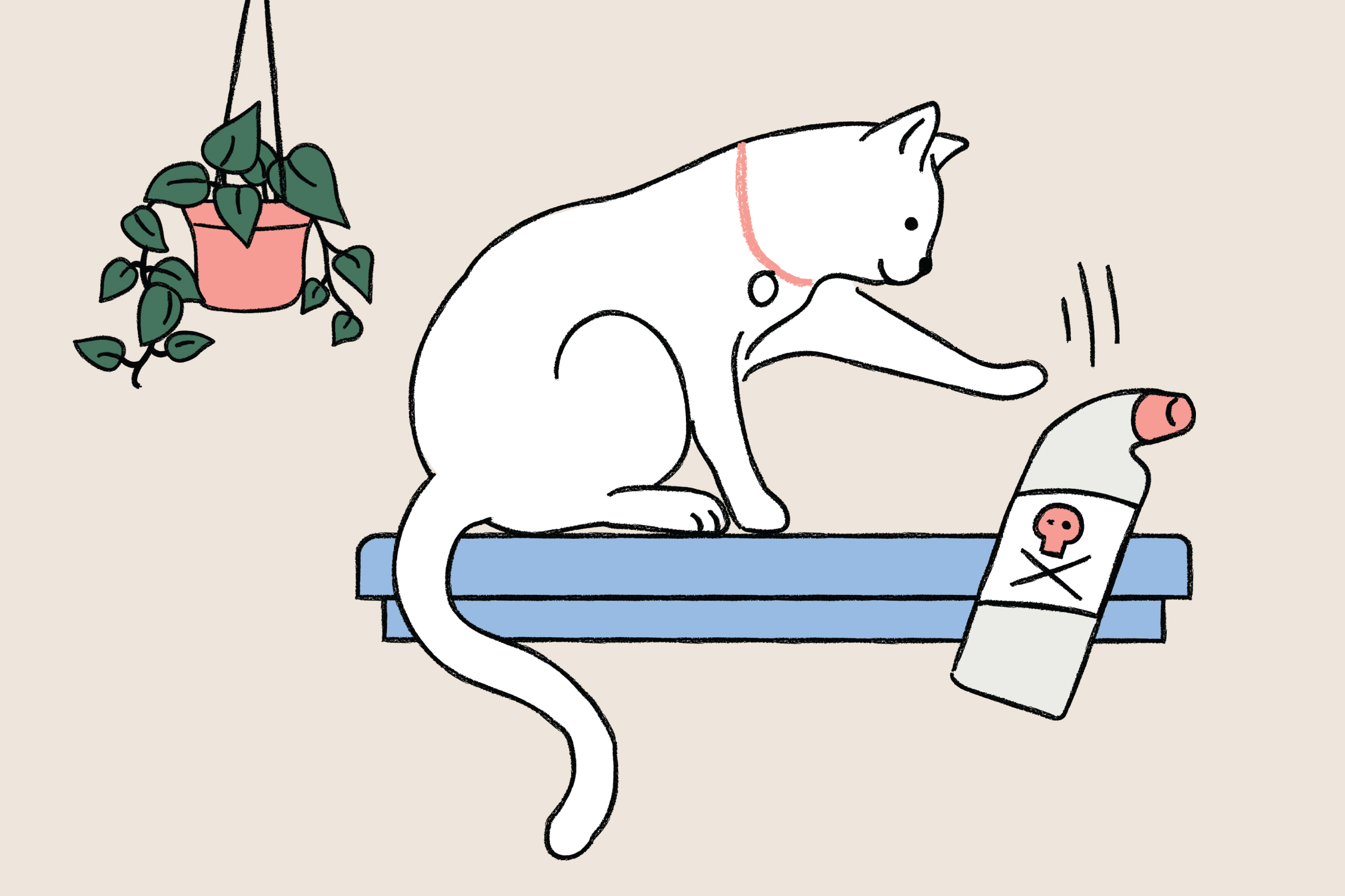 Drawing of a cat knocking a toxic substance off of a shelf