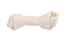 Close-up of a rawhide treat in the shape of a bone on a white background