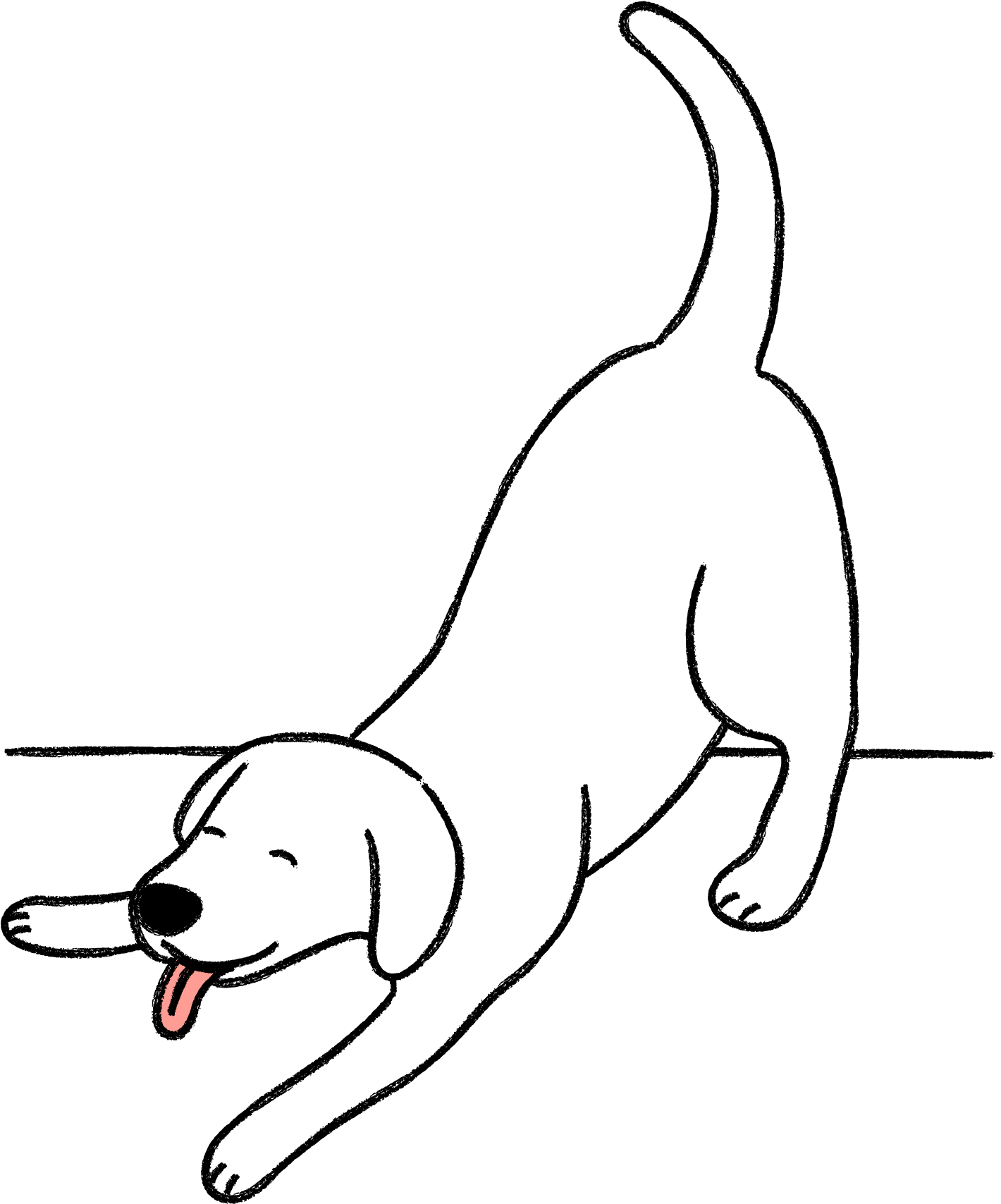 An illustration of a dog in a playful bow with it's tongue out
