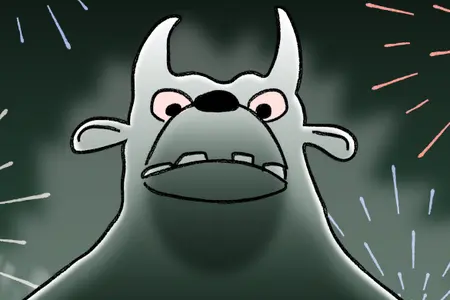 Scary monster standing in front of fireworks