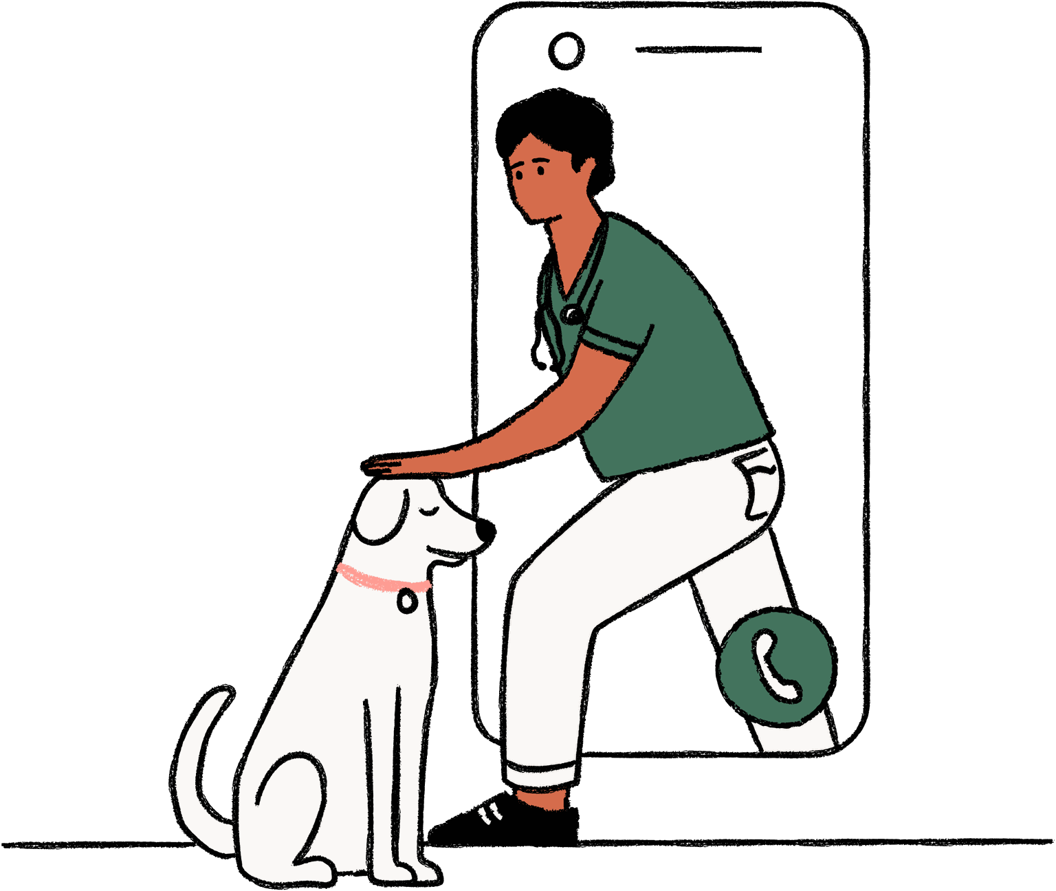 A vet walking out of a phone to pet a dog
