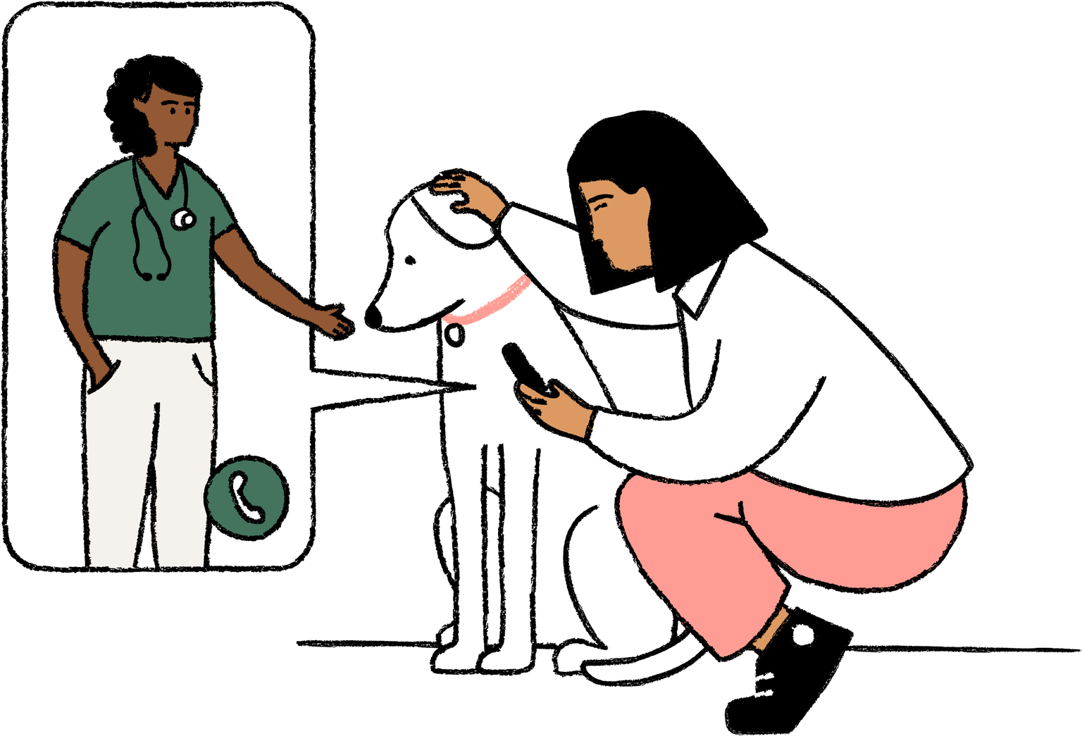 An illustraition of a dog and owner calling vet