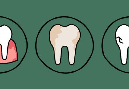 The image shows three circles, each depicting a tooth with a different condition:  Inflamed gums, Discoloration, and Cracks