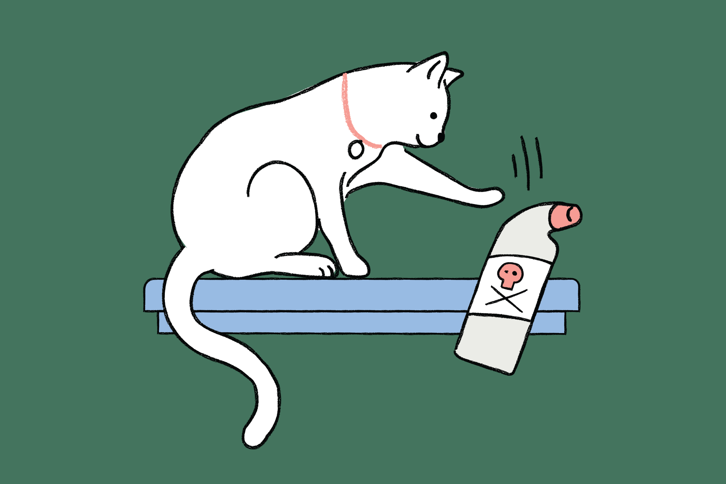 Drawing of a cat knocking a toxic substance off of a shelf
