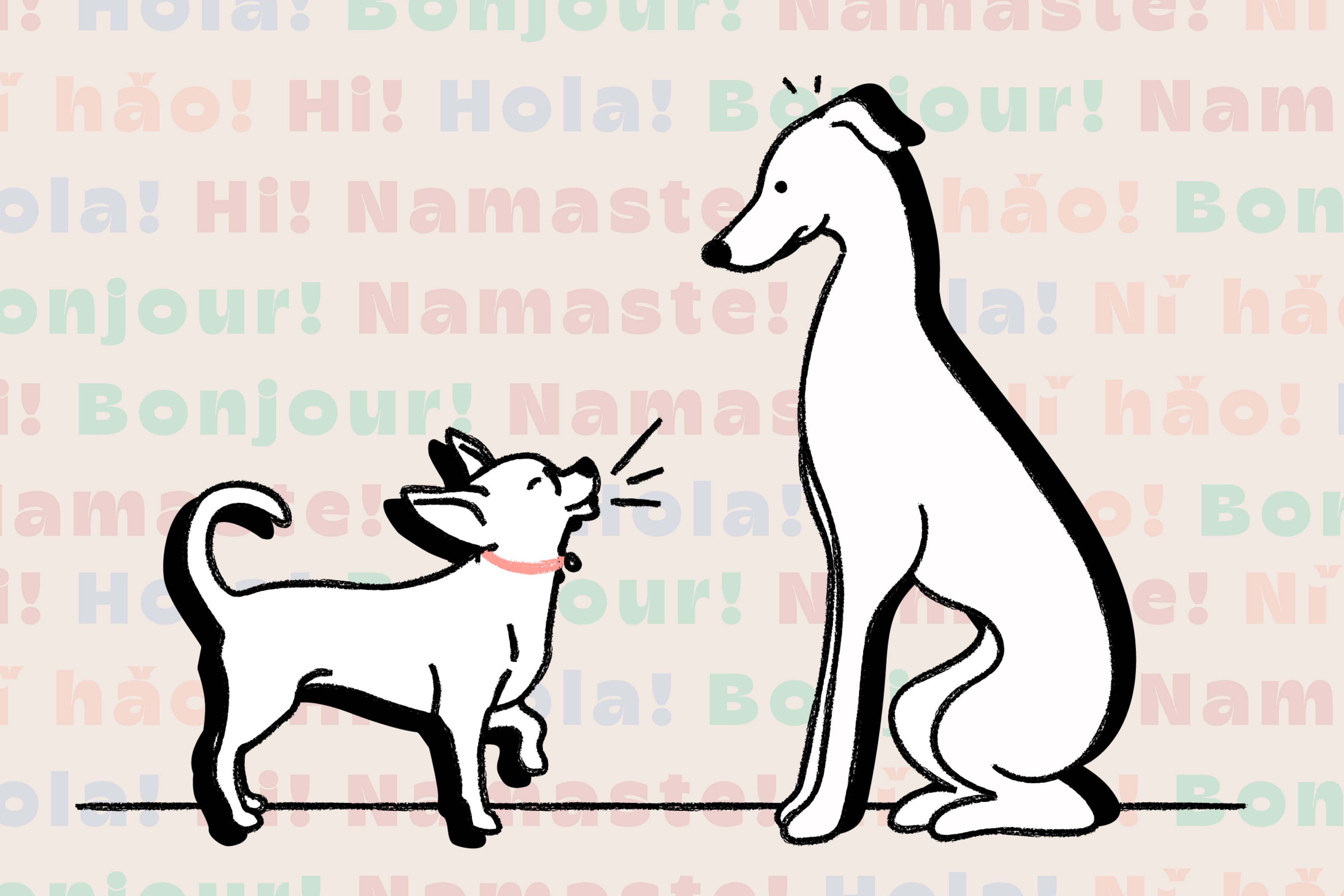 Illustration of two dogs facing each other with various translations of 'hello' in the background.