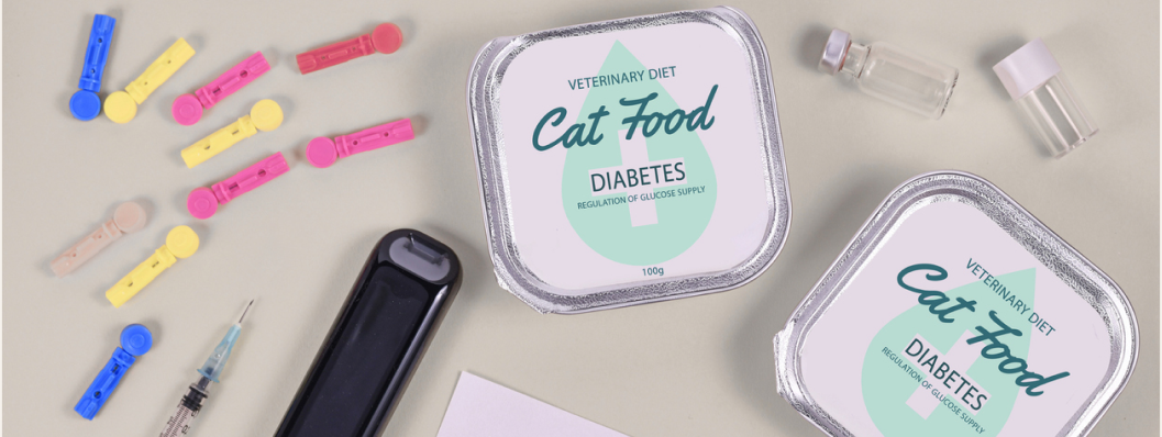 cat diabetes supplies food and insulin on table