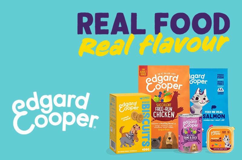 Edgard &amp; Cooper pet food products with colorful packaging for dogs and cats, featuring chicken and salmon flavors. Text: "Real Food, Real Flavour."