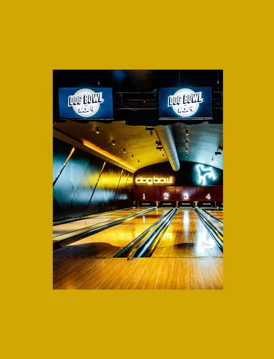 A modern bowling alley featuring five lanes under warm, ambient lighting with screens saying 'Dog Bowl' prominently displayed above each lane.