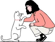 A cat with its arm on a woman, they are looking at each other