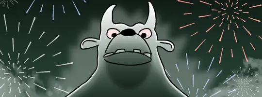 A scary fireworks monster stands in the sky
