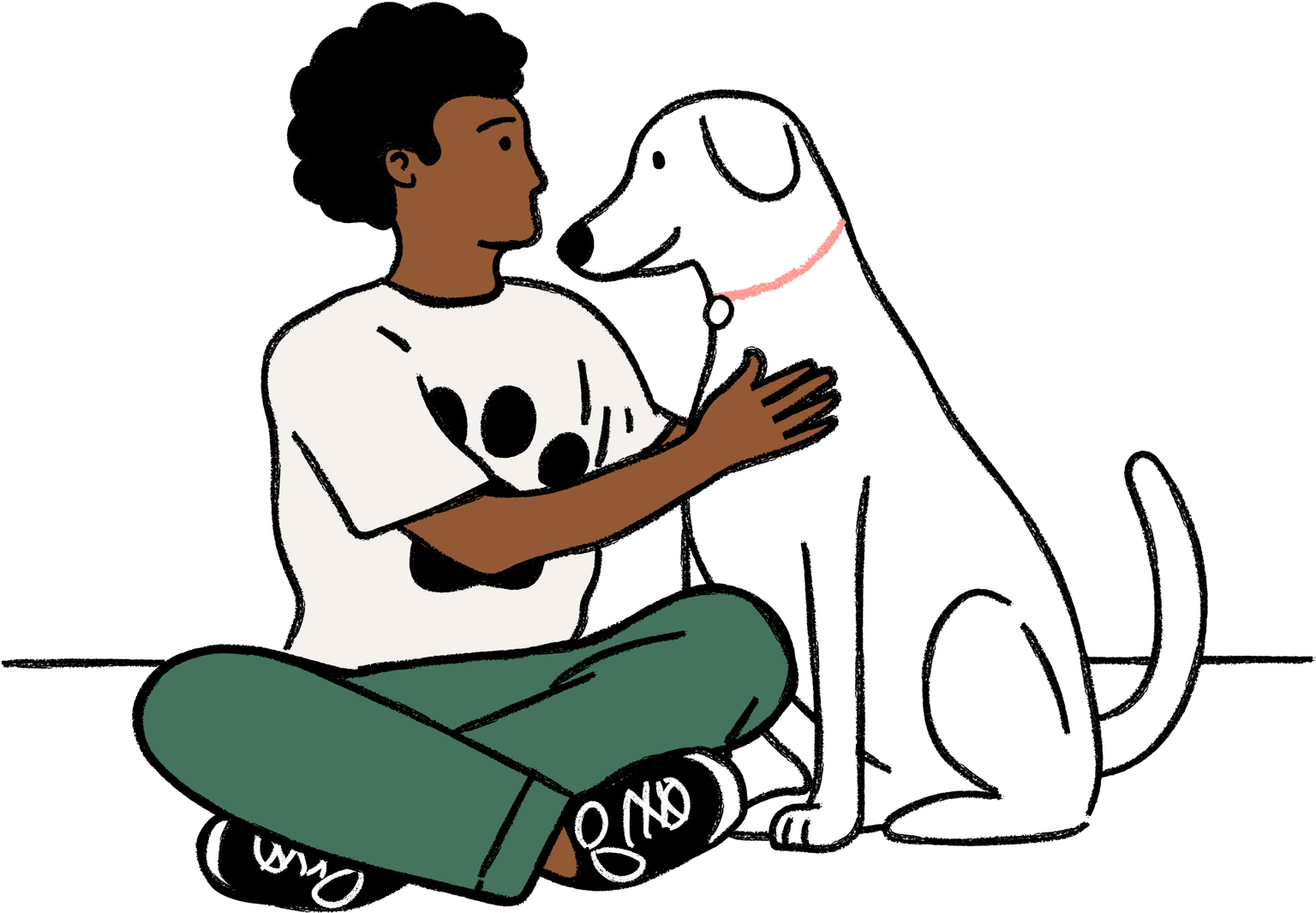 An illustraition of a man sitting with a dog