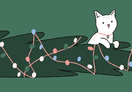 Drawing of a cat on top of a knocked down Christmas tree