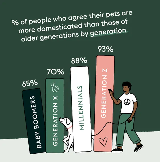 Graph showing percentage of pet parents who agree their pets are more domesticated than those of older generations by generation. 65% baby boomers said yes; 70% of Gen X said yes; 88% of Millennials said yes; 93% of Gen Z said yes.