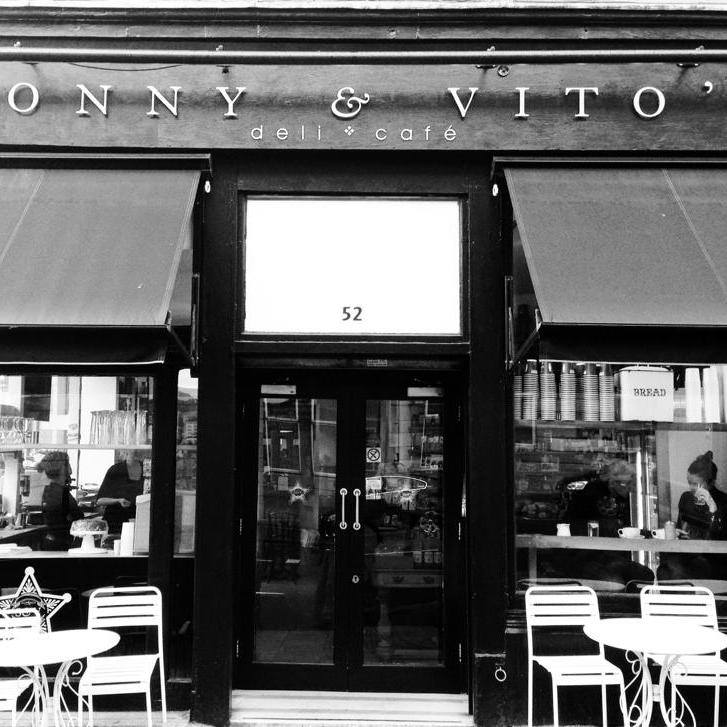 Black-and-white exterior shot of Sonny and Vito's, a Glasgow-based cafe and deli
