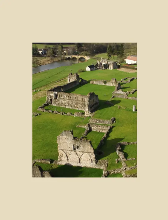 A birds-eye view of Kirkham Priory ruins.