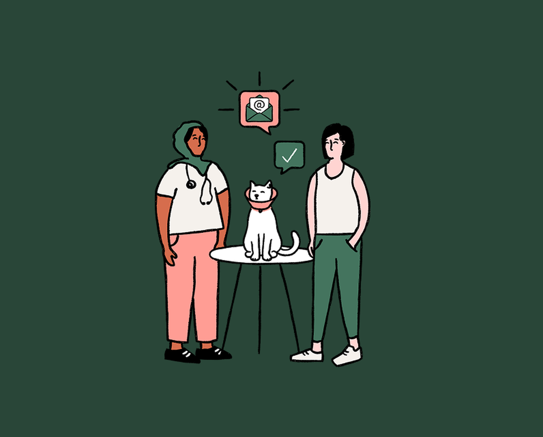 A person with a stethoscope and another person stand by a cat on a table.