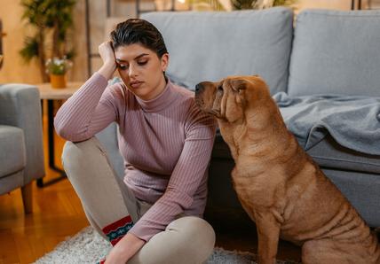 A woman in a pink sweater looks sad sat next to a brown dog
