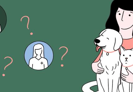 An illustration featuring a woman, holding a dog and a cat, looking up at three floating circles, with a vet icon in each one, with floating question marks, on a solid green background