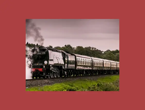 A vintage steam locomotive moves along the tracks, emitting a cloud of steam against a lush, tree-lined background.