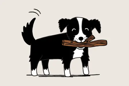 A cartoon dog holding a stick in it's mouth