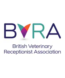 Logo of the British Veterinary Receptionist Association, featuring stylized letters "BVRA" with a multicolored triangle in place of the "V".