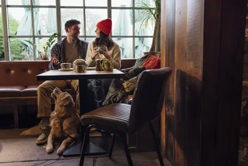A couple enjoy a conversation in a pub or cafe with their Golden Retriever, who sits at their feet under the table and looks up at them