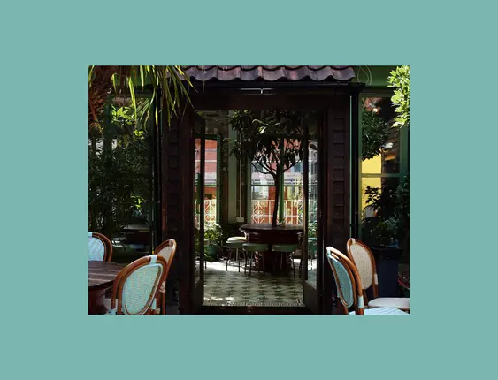 Tranquil garden café with tropical plants, patterned tiles, and inviting open doors.