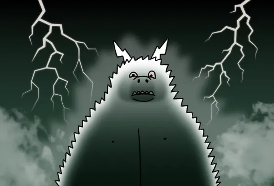 A scary lightning monster stands in front of a sky of thunder and lightning