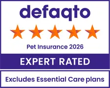 Defaqto 5-star rating for Pet Insurance 2025, labeled "Expert Rated." Note: Excludes Essential Care Plans.
