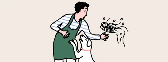 Illustration of a white dog jumping up on its owner causing the owner to drop a plate of food