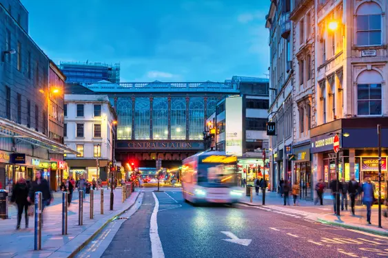 Image just outside of Central Station, Glasgow at night