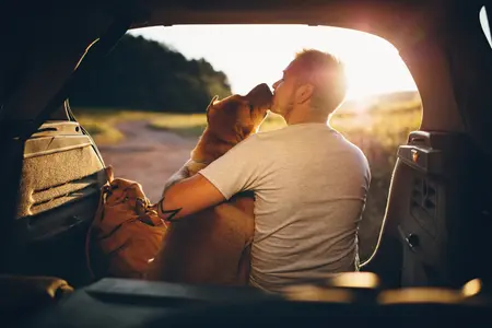 man in gray shirt sits on end of tailgate with dog kissing face facing towards the setting sun and landscape