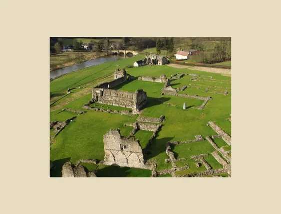 A birds-eye view of Kirkham Priory ruins.