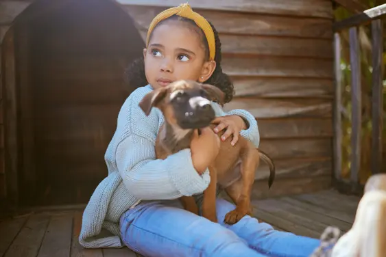 A young girl with a yellow headband and blue sweater is sitting and lovingly hugging a brown puppy, looking thoughtfully to the side. They're in a wooden shelter with sunlight filtering through, creating a warm, serene atmosphere.