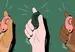 three cartoon hands holding dog clickers