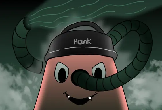An evil-looking hoover looks at the camera, it's suction nozzle pointed to the sky