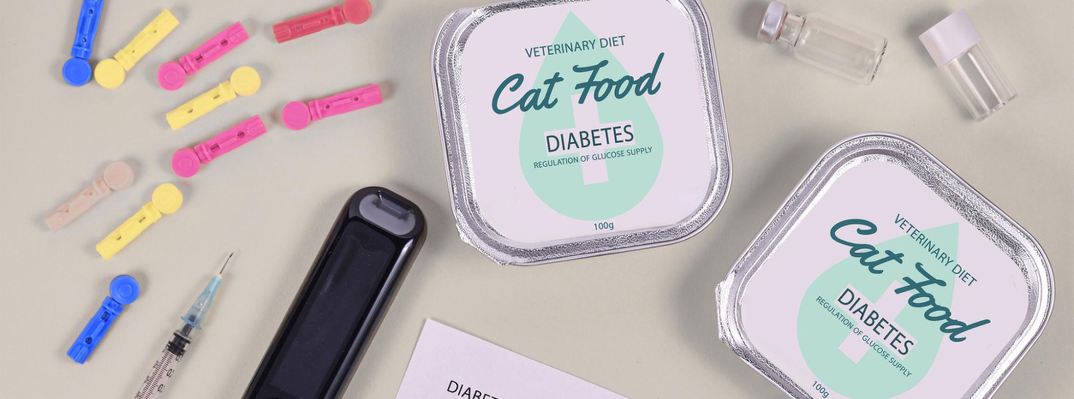 Diabetes disease with cats with veterinary cat food, glucometer and syringe and blood sugar diary on gray background, flat lay