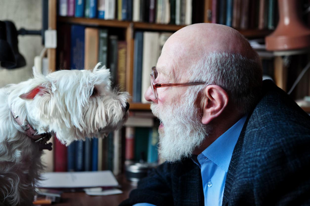 Man and dog staring at each other
