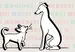 Illustration of two dogs facing each other with various translations of 'hello' in the background.