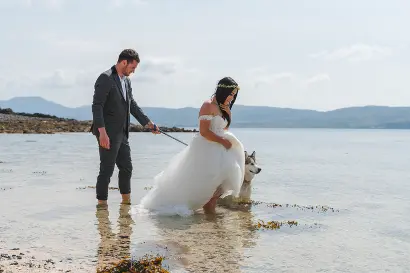 A bride and groom in their wedding finery walk their dog through shallow water on a beautiful, sunny day