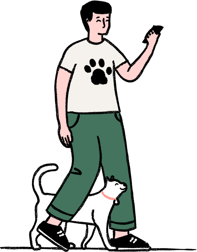 Illustration, Man standing with phone in hand. Pet cat under his legs