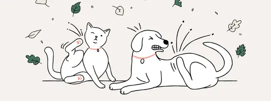 Cartoon image of a cat and a dog scratching due to allergies