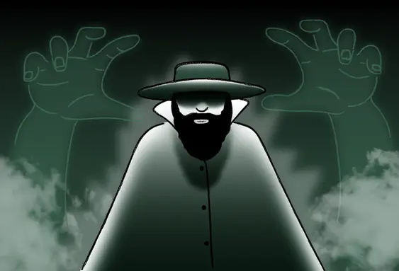 A spooky stranger stands looking towards the camera